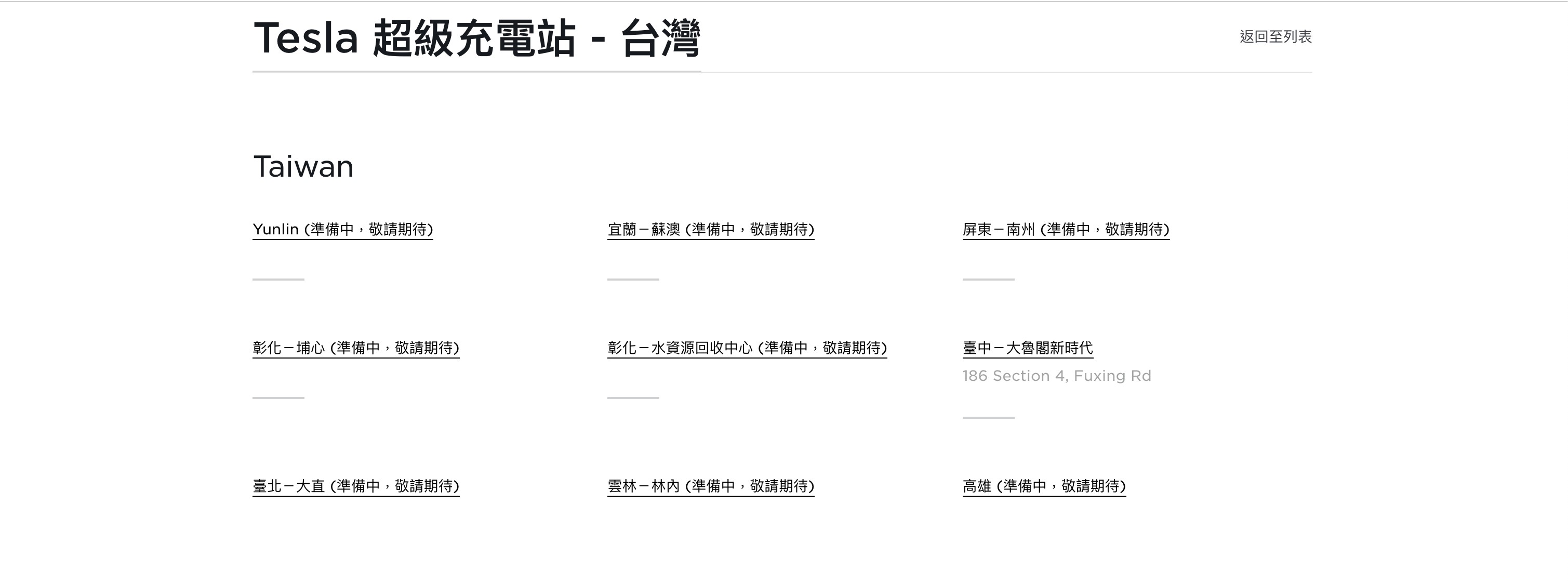 特斯拉超充站籌備中站點
